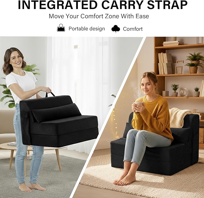 Tiita Convertible Folding Sofa Bed Single Size for Adults with Pillow Plush Fabric Floor Mattress Couch Bed Washable Cover &amp Side Pocket Guest Room Dorm Apartment Living Room Black