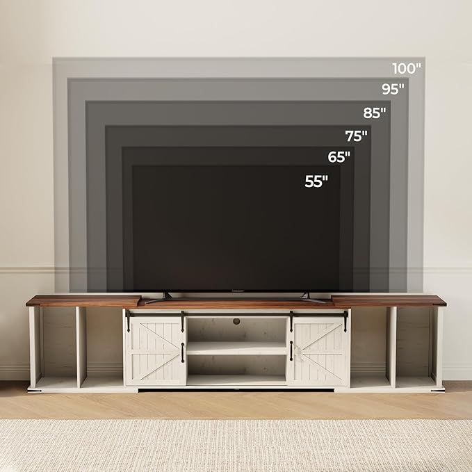 Extendable TV Stand Entertainment Center for 85 95 105 Inch TV Farmhouse TV Stand with Large Capacity Storage and Sliding Doors Media Console for Living Room Length 86-113 White