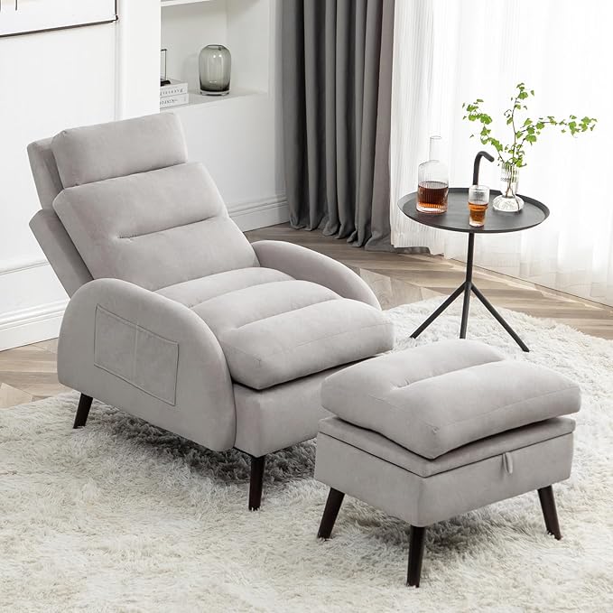 Accent Chair with Ottoman Comfy Reading Chair with Ottoman Set Modern Oversized Velvet Lounge Armchair with Adjustable Backrest for Living Room Bedroom (Grey)