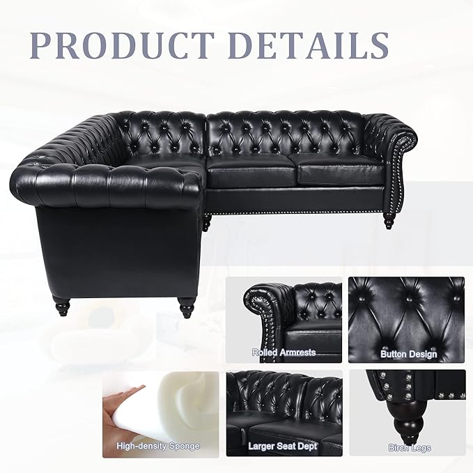 ORRD L Shaped Small Sectional Sofa Chesterfield Leather Couch Tufted Accent Sofa with Scroll Arms and Nailhead for Living Room Office