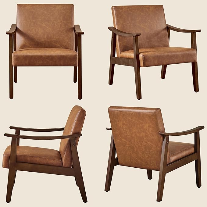 Yaheetech PU Leather Accent Chair Mid-Century Modern Armchair with Solid Wood Legs Reading Leisure Chair with High Back for Living Room Bedroom Waiting Room Brown