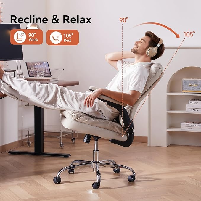 LEAGOO Ergonomic Executive Office Chair Mid Back Comfy Desk Chairs with 3D Padded Flip-up Arms Faux Leather Computer Rolling Chair with Wheels for Home Adjustable Height 300lbs Beige