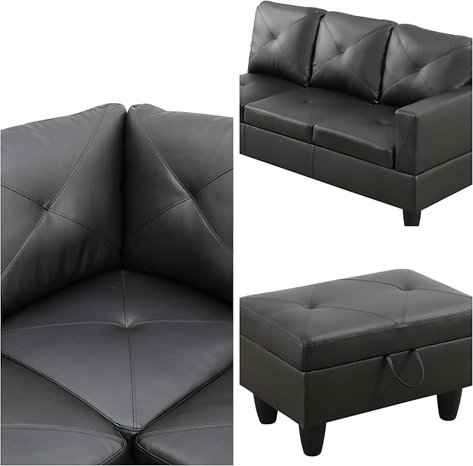 L-Shaped Sectional Sofa with Movable Chaise &amp Storage Ottoman Leather 3-Piece Modular Convertible Couches for Living Room Apartment &amp Office Black