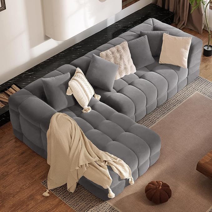 107 Boneless Couch with L - Shaped Chaise Modern Chenille Modular Sectional Sofa with Tufted Design Comfy Upholstered Sofa No - Assembly Sectional Couch Dark Grey