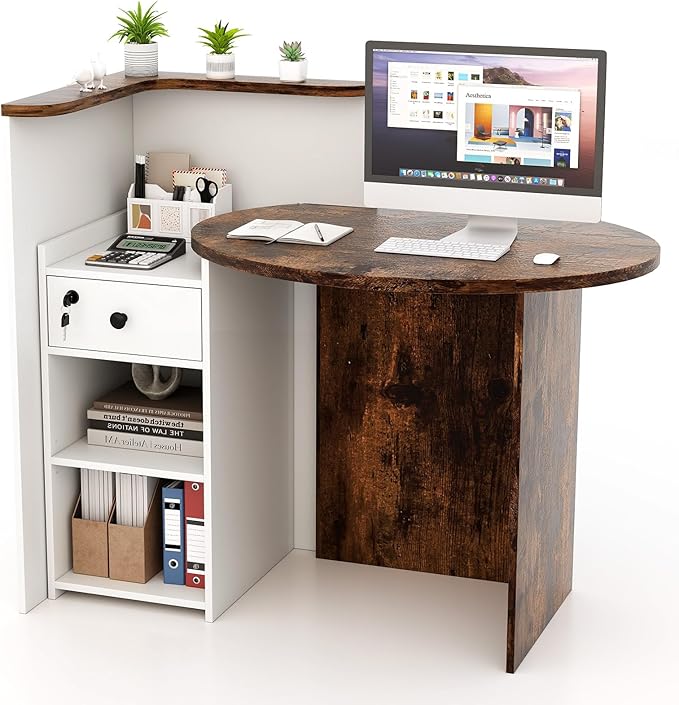 Reception Desk Small Retail Checkout Counter with Lockable Drawer and Open Shelves Wooden Computer Workstation for Home Office Lobby White Oval Desktop &amp Brown Counter