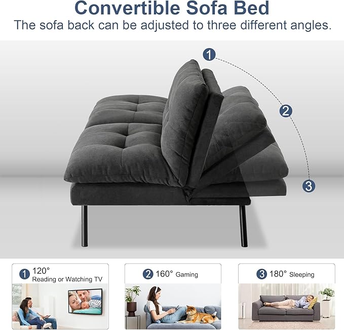 MUUEGM Futon Sofa Bed Couch - Convertible Sofa Bed Loveseat Sleeper Sofa with Adjustable Backrest Memory Foam Folding Futon for Living Room Small Space Apartment Office Gray to Black