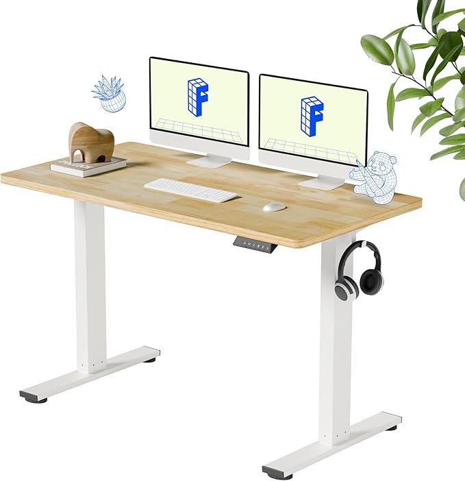 FLEXISPOT EN1 Solid Wooden Single-Piece Standing Desk 48 x 24 Inches Sit Stand Desks for Home Office and Gaming (White Frame + Rubber Wood Top 2 Packages)