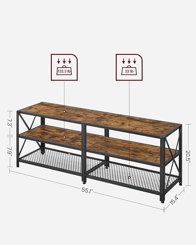 VASAGLE TV Stand TV Console for TVs Up to 65 Inches TV Table 55.1 Inches Width TV Cabinet with Storage Shelves Steel Frame for Living Room Bedroom Rustic Brown and Black ULTV094B01