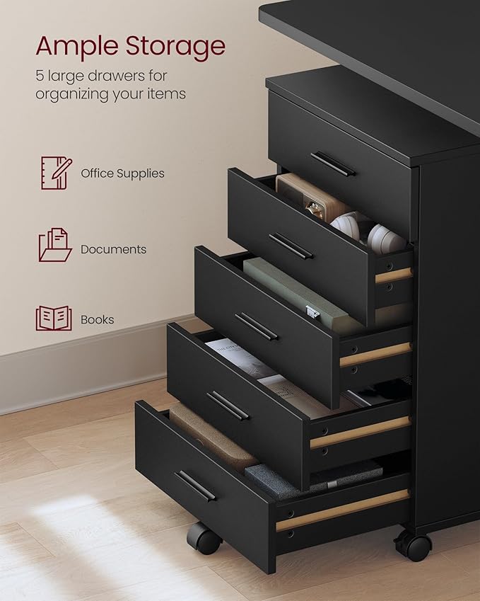 VASAGLE File Cabinet Mobile Pedestal Filing Cabinet with Wheels Printer Stand with 5 Drawers Tool-Free Sliding Rails for Study Home Office Ink Black UOFC081BC02