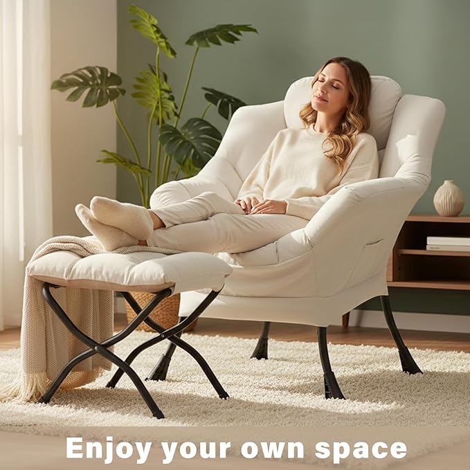 Cozy Lazy Chair and Ottoman Large Contemporary Peach Beige Accent Chair Set Leisure Upholstered Reading Armchair for Bedroom Living Room Dorm Rooms Office Balcony