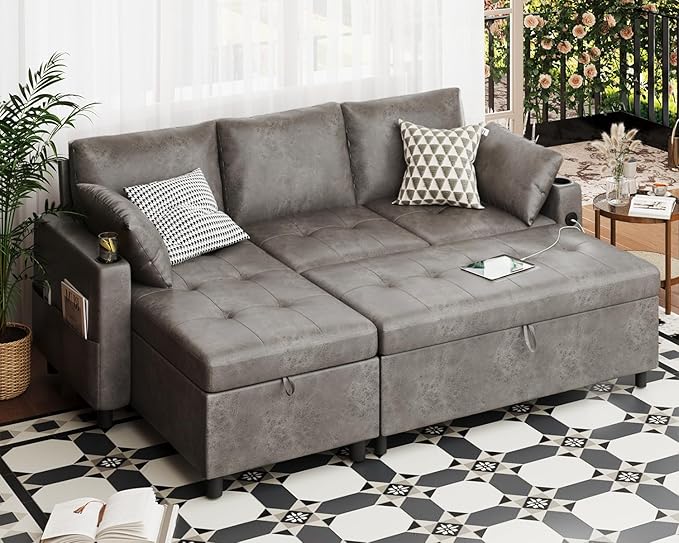 Leather Sleeper Sofa Bed Couch Pull Out Couch with Reversible Storage Chaise Sectional Couches with USB Charging Ports&ampCup Holders for Living Room Grey | USB Storage