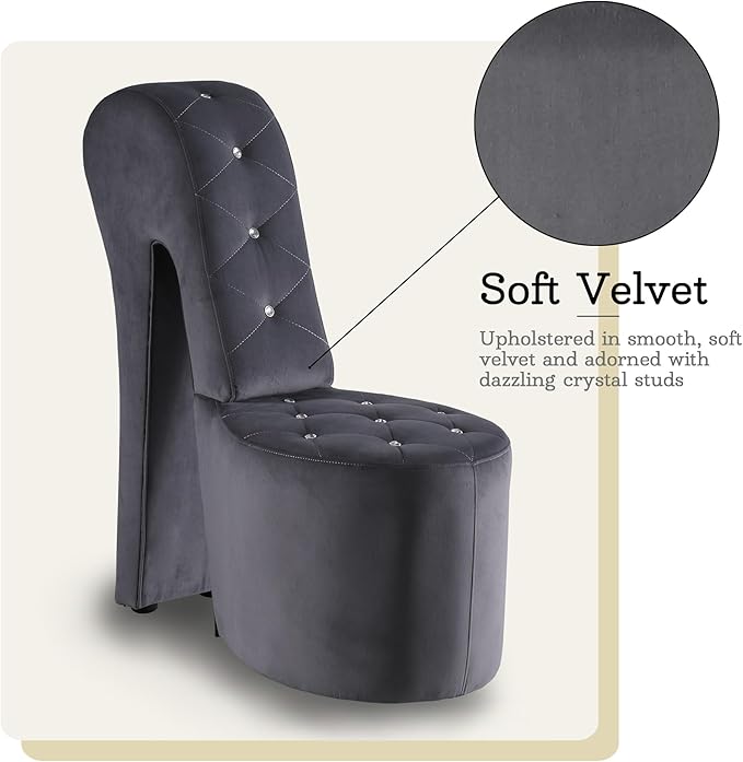Tristam 40 Modern Glam High Heel Lounge Chair Armless Chair with Upholstered Crystal-Like Buttons and Diamond Stitching Comfortable Indoor Seating for Bedroom Living Room (Grey (Velvet))