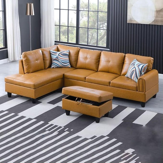 Ginger L-Shaped 3-Piece Faux Leather Sofa with Storage Ottoman Set Sectional Couch Sofa Set for Living Room Office Small Space