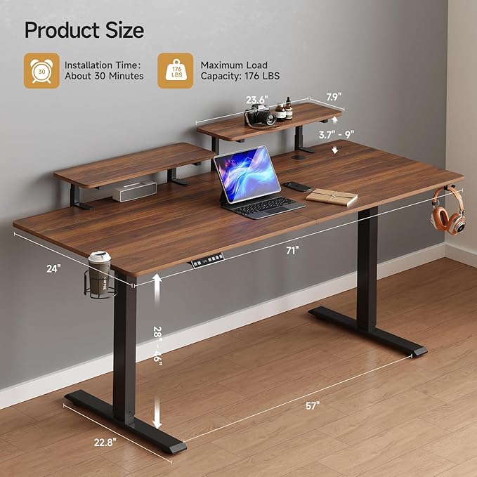 ONBRILL Standing Desk with 2 Adjustable Monitor Shelves 71 x 24 Inches Electric Stand Up Desk with Memory Controller and Adjustable Height from 28-46 inches for Computer Workstations Walnut