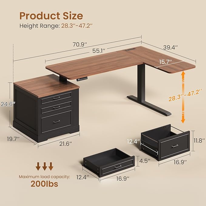 SEDETA Farmhouse L Shaped Electric Standing Desk 70.9 x 39.4 Height Adjustable Office Executive Desk with 3 Drawers Standing Computer Desks with Power Outlet for Home Office Black