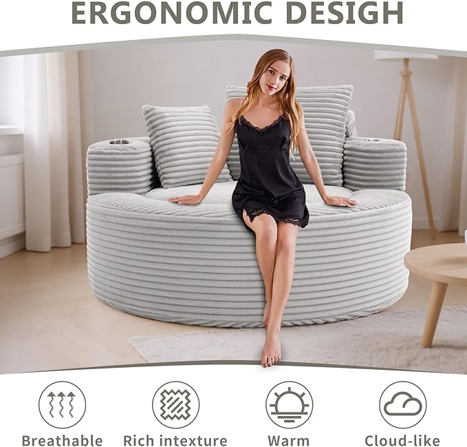 55 Oversized Round Boneless Couch Sofa Velvet Memory Foam Cloud Couches Lounge Chair Comfy Fluffy Single Sofa with 3 Pillows for Living Room Bedroom No Assembly Required (Grey.)