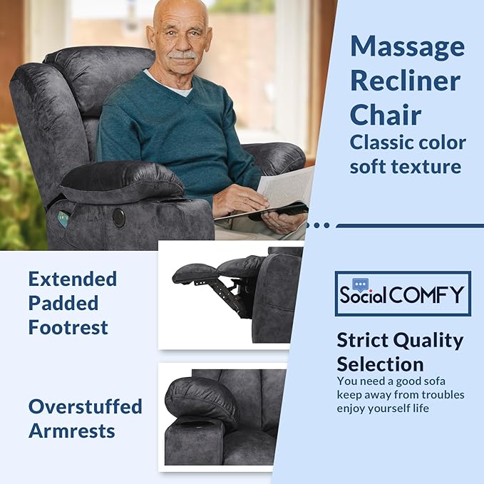 Manual Swivel Glider Rocker Recliner Chair with Heated Massage 360° Swivel Overstuffed Lounge Chair with 2 Cup Holders Side Pockets &amp USB Ports for Living Room Fabric Gray