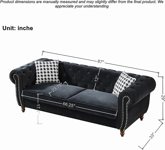 KEIKI Modular Chesterfield Velvet Sofa Couch Set Mid Century Modern 6 Seater Couches w/Roll Armrest &amp Nailhead Comfy Sleeper Cloud SofaBed for Office Apartment Living Room Easy Assembly Black