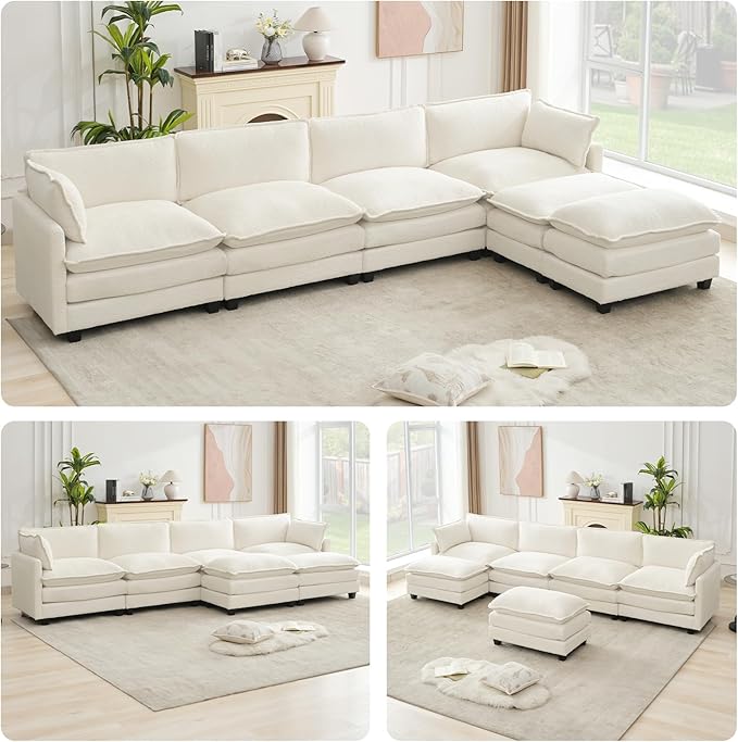ROWHY Oversized Modular Sectional Couch with 2 Movable Ottoman 148 Modern Convertible U Shaped Sofa Set 4 Seat Comfy Cloud Couch with 2 Throw Pillows for Living Room and Office Chenille Beige