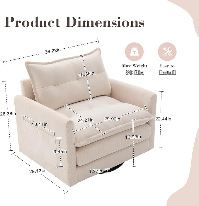 36.2” Swivel Accent Chair with Side Pockets Mid Century Modern Beige Armchair with Solid Metal Base Comfy Single Sofa Chair 360 Degree Swivel Barrel Chairs for Living Room Bedroom (Beige)