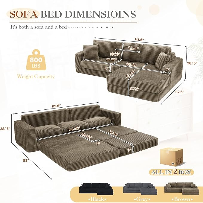 112.6 Oversized Fold Out Couch Bed King 3 in 1 Convertible Modern L Shape Cloud Modular Sectional Comfy Boneless Foam Couch Futon for Living Room No Assembly(Brown CorduroyRight Facing Chaise)