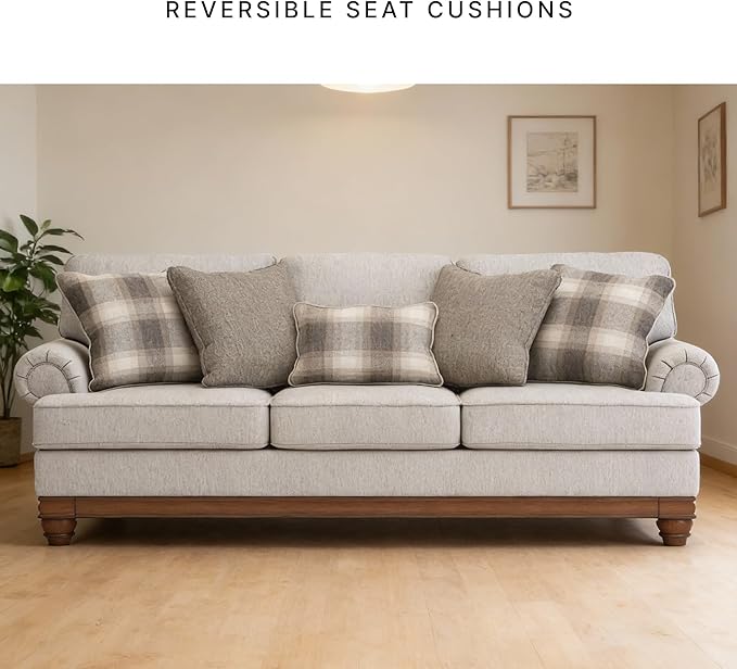 Signature Design by Ashley Meadowview Classic Upholstered Sofa with Reversible Seat Cushions 5 Accent Pillows and Rolled Armrest Light Gray