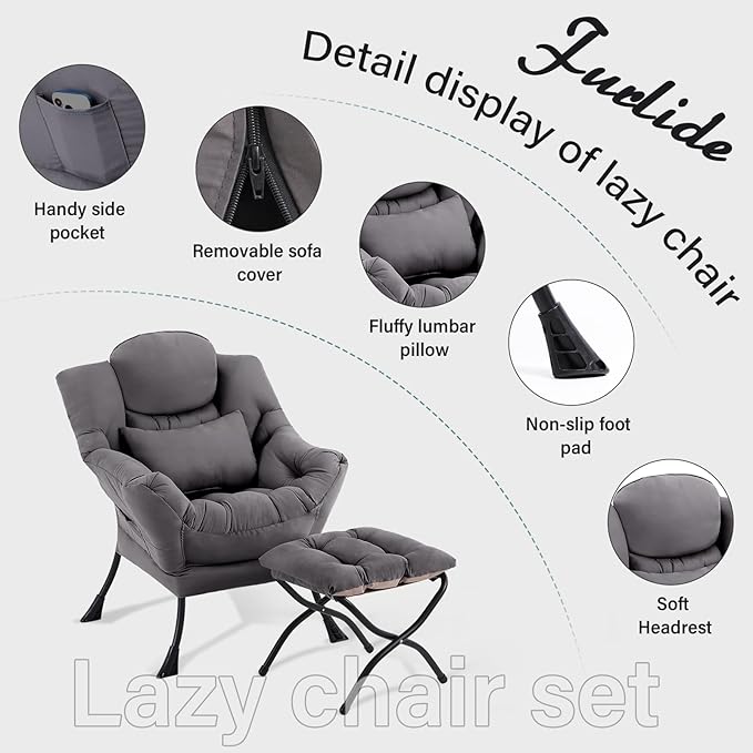 Lazy Chair with Ottoman Comfy Fabric Accent Lounge Arm Chair with Lumbar Pillow and Folding Footrest Reading Leisure Sofa Armchair for Bedroom Living Room DormDark Grey