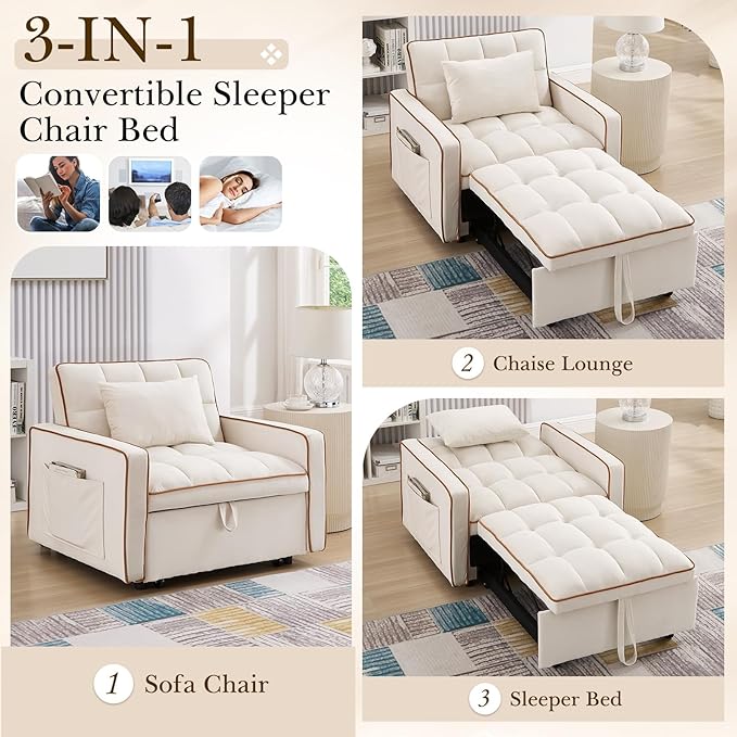 3 in 1 Convertible Sleeper Sofa Chair BedVelvet Tufted Upholstered Pull Out Sleeper Chair with Adjustable Backrest &amp Side PocketsModern Lounger Bed Recliner for Living Room/Office/Small Space(Be