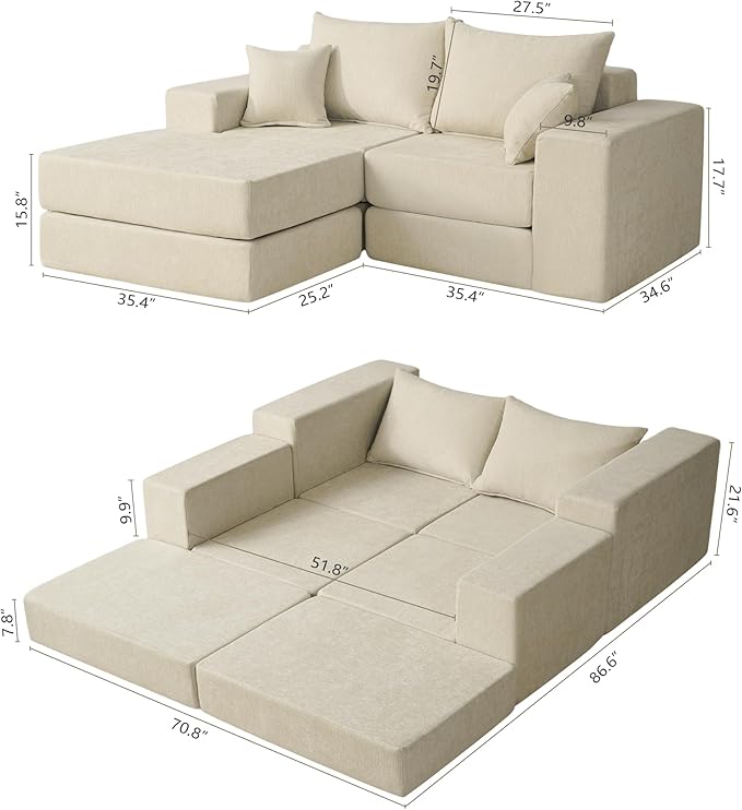 Modular Sectional Sofa with Convertible Sleeper Chenille Fabric 2-in-1 Couch Bed with Reversible Chaise Adjustable Modular Sofas for Living Room Beige