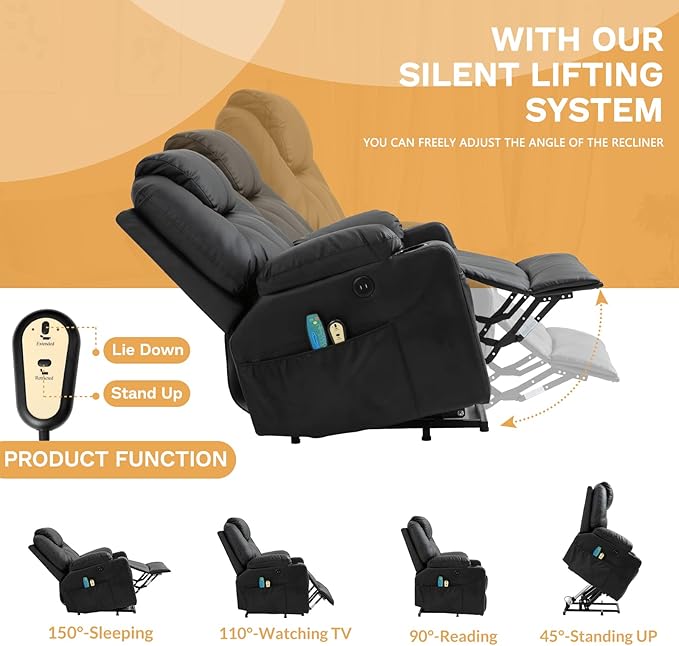 Electric Power Lift Recliner Chair with Heat and Massage Lift Recliner for Elderly Single Sofa recliners for Living Room with Cup Holders 4 Pockets USB Ports Faux Leather (Black)
