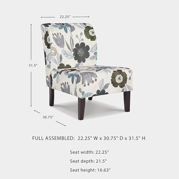 Signature Design by Ashley Triptis Floral Armless Accent Chair with Attached Cushions Fabric Upholstery Wood Legs 16.63 Seat Height White Blue &amp Gray
