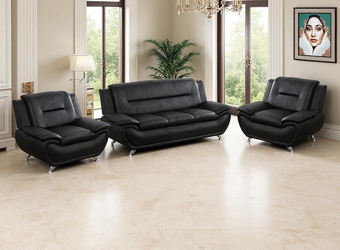 Living Room Sofa Sets Living Room Furniture Sets Black Leather Sofa Couch and 2 Chairs for Apartment Minimalist Style Material Easy Assembly