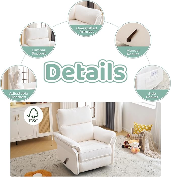 Oversized Rocking Chair Nursery with Adjustable Headrest 26 Extra Wide Glider Recliner Nursery Chair for Nursery 360° Swivel Rocker Recliner with Overstuffed Armrest White