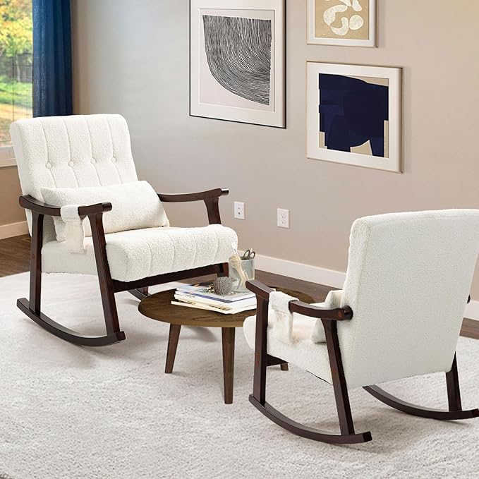 AVAWING Teddy Upholstered Rocking Chair Set of 2 Small Glider Rocker with 2-Point Massage Lumbar Pillow and Solid Wood Legs for Nursery and Living Room White