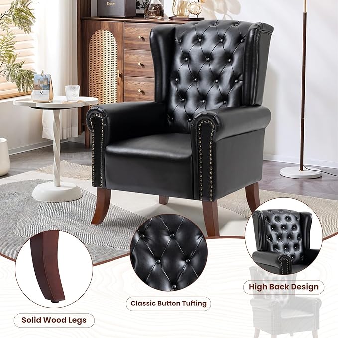 Faux Leather Accent Chair Mid-Century High Back Armchair Upholstered Club Sofa Chair with Wooden Legs Living Room Chair for Bedroom Office Lounge (Black)