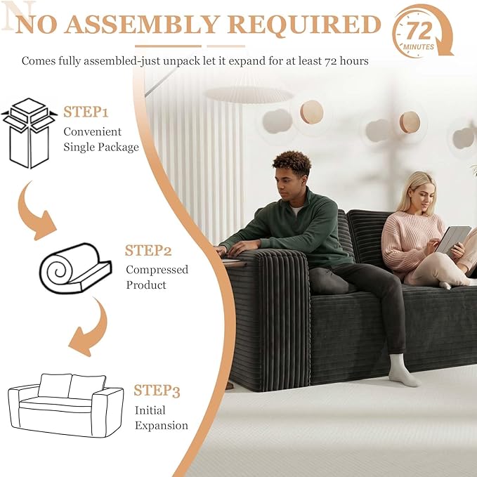 63 Black Boneless Couches for Living Room Compressed Sofa Couch in a Box Corduroy Memory Foam Floor Couch for Adults Memory Foam Deep Seat No Assembly Required (Black)