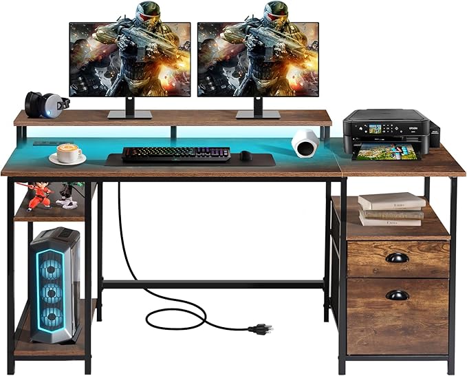Panana 61.4 Computer Desk with Power Outlet and LED Lights Desk with 2 Fabric File Cabinet Drawer Large Reversible Gaming Desk with Shelves and Monitor Stand Writing Study Desk for Home Office