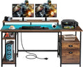 Panana 61.4 Computer Desk with Power Outlet and LED Lights Desk with 2 Fabric File Cabinet Drawer Large Reversible Gaming Desk with Shelves and Monitor Stand Writing Study Desk for Home Office