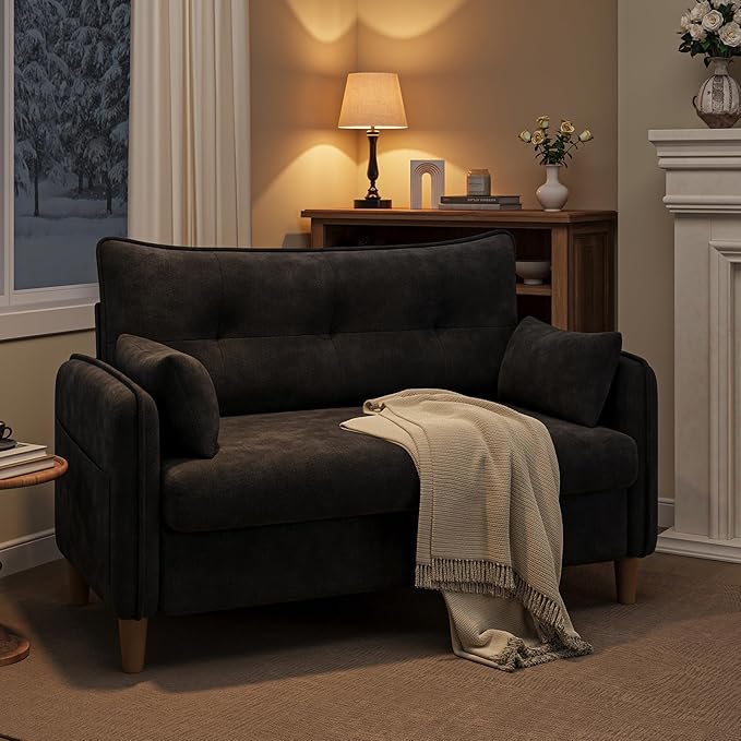 50 Mini Loveseat Couch for Small Space | Tufted Love Seat Couches for Bedroom and Apartment | Small Sofa Black