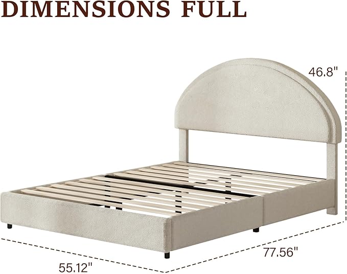 Full Size Bed Frame Soft Bed Frame with Rounded Corners Upholstered Boucle Platform Bed Frame with Round Headboard No Box Spring Required Easy Assembly White