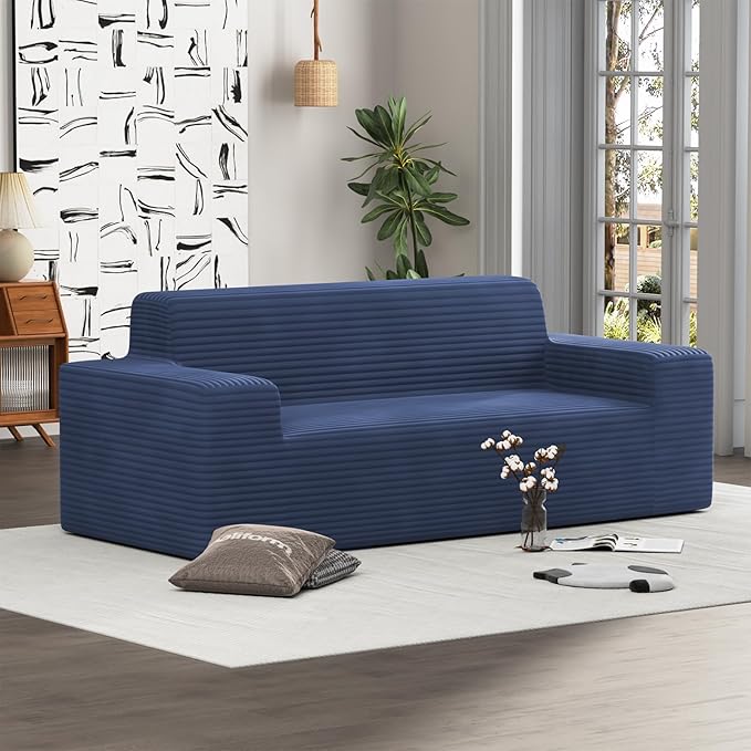 Vivvadecor 79 Corduroy Floor Foam Sofa Sofa-in-a-Box Modern 3-Seater Couch with 24 Deep Seat No Assembly Needed Sofas for Compact Living Room Apartment Home Office Navy Blue