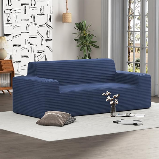 Vivvadecor 79 Corduroy Floor Foam Sofa Sofa-in-a-Box Modern 3-Seater Couch with 24 Deep Seat No Assembly Needed Sofas for Compact Living Room Apartment Home Office Navy Blue