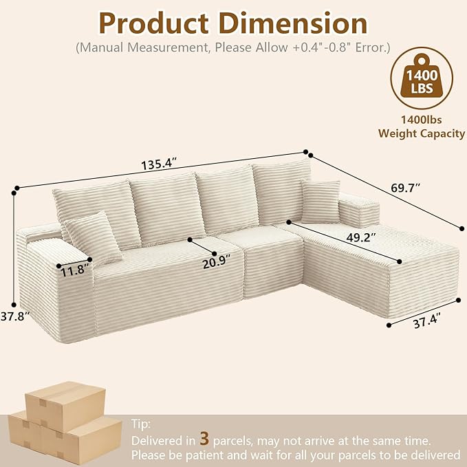 135 Cloud Sectional Couch with L-Shape Chaise Modern Modular Comfy Sofa Chaise Longue Upholstered Corduroy Couches Sleeper with Deep Seat for Living Room Bedroom No Assembly Required White