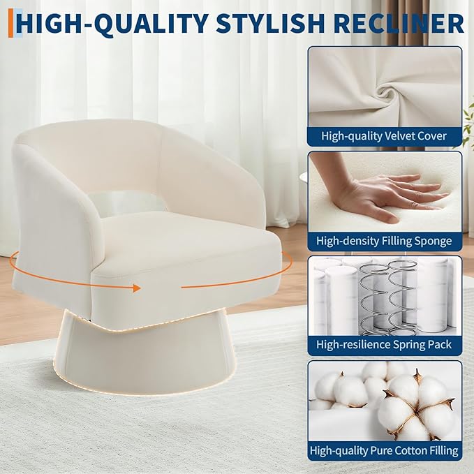 GarveeHome Modern Swivel Barrel Accent Chair 360° Velvet Upholstered Armchair with Striped Backrest &amp Plush Padding Comfy Round Lounge Chair (1 Beige + Hollowed)