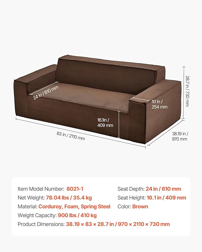 VEVOR 3-Seater Sofa in a Box 83-Inch No Assembly Corduroy Couch with Memory Foam Deep Seats for Living Room Apartment or Office Brown