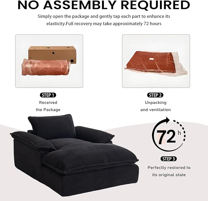 GNIXUU 67 Oversized Chaise Lounge Chair Indoor Corduroy Upholstered Boneless Sleeper Sofa Bed Comfy Large Reading Chair with Wide Armrests Plush Cloud Couch for Living Room Bedroom Black