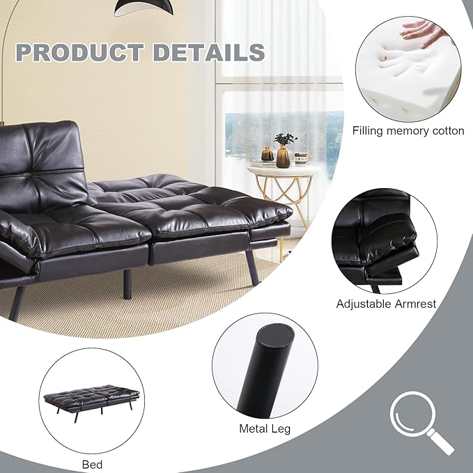 MUUEGM Futon Sofa Bed Convertible CouchMemory Foam Futon Sofa CouchSleeper Futons Sofa CouchesSmall Splitback Modern Loveseat Sofa Bed for Living RoomOfficeApartmentFaux LeatherBlack.