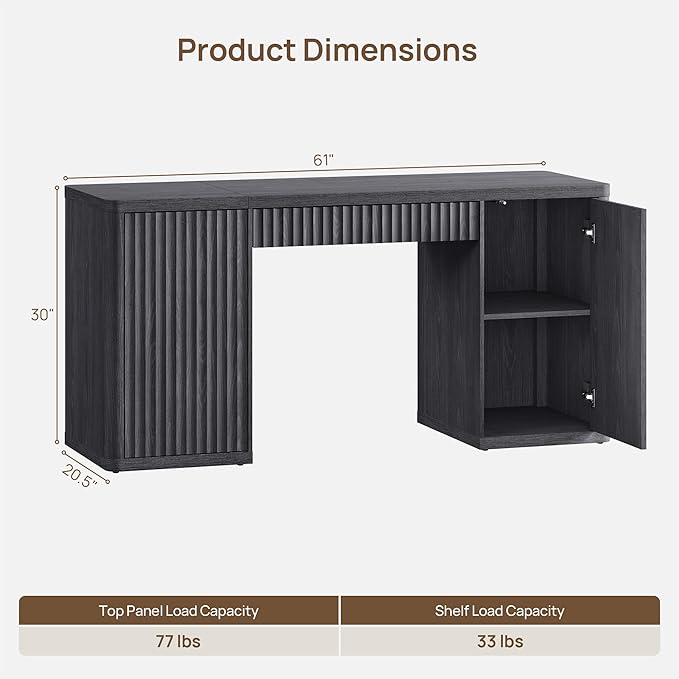 SICOTAS 61 Large Office Computer Desk with Storage Modern Home Office Desks with Drawer &amp Doors Fluted Desks Executive Desk Wooden Writing Table Vanity Table for Living Room Bedroom Black Alder