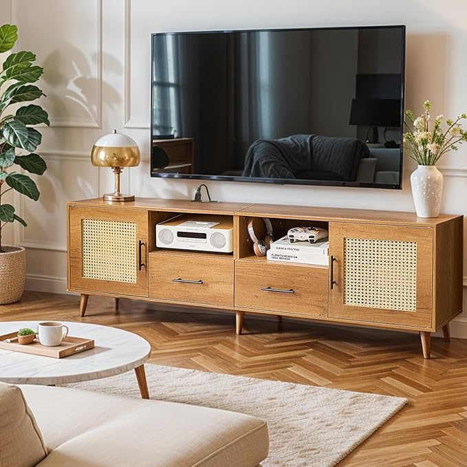 TV Stand for 70 Inch TV 63 Modern Entertainment Center with LED Light &amp Storage Shelves 2 Drawers and Cabinets Boho TV Stand with Outlet for Living Room (Oak)