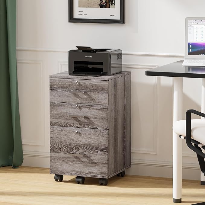 VINGLI 3-Drawer File Cabinet with Lock Wood Rolling Filing Cabinets for Home Office Mobile Printer Stand Under Desk File Organizer for Letter Sized Files 26 H(Caster Included)Gray Oak